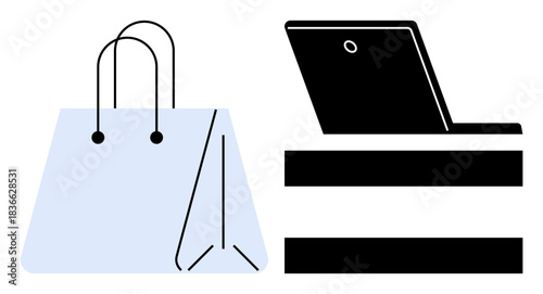 Shopping bag next to open laptop on desk, symbolizing e-commerce, retail strategy, consumer behavior, marketing tools. Ideal for online shopping, business, technology use, innovation sales market