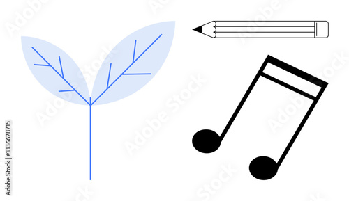 Creativity, environmental awareness, artistic expression, education, nature-inspired design, music-making. A leaf, a pencil and a music note in a clean composition. Creativity and environmental