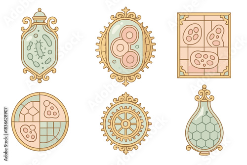 Victorian Bioengineering Icons. Isometric vector illustration set Victorian bioengineering symbols: ornate glass bacteria, brass