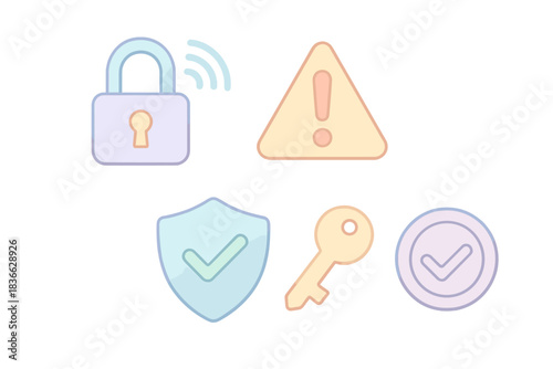 Secure System Icons. Isometric vector illustration set Secure system suite: remote padlock, danger alert symbol, verified safety