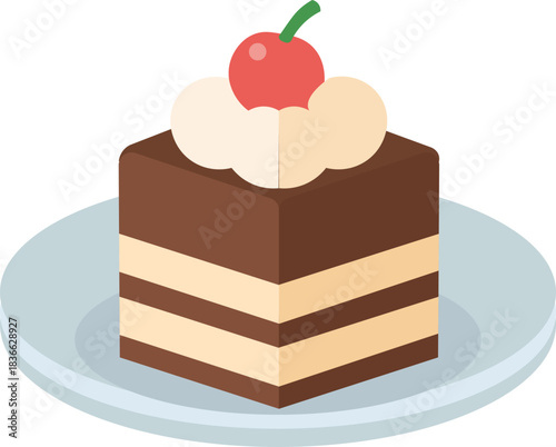 Square chocolate layer cake with cream and cherry topping