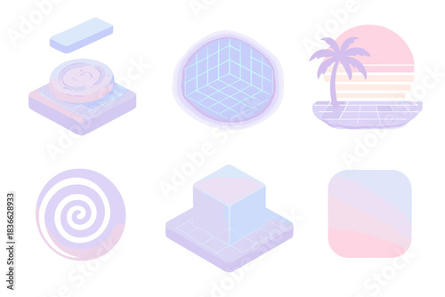 Digital Archaeology Icons. Isometric vector illustration set Digital archaeology visuals: ancient relic under scan, glowing grid