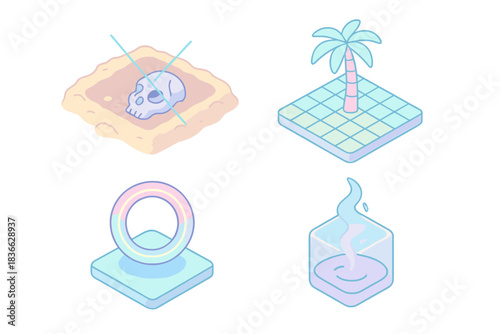 Cyber-Artifact Neon Icons. Isometric vector illustration set Cyber-excavation visuals: artifact reveal symbol, scanning grid lines