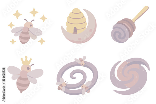 Nebular Bee Mythology. Isometric vector illustration set Nebular bee mythology: pollen stars, moon hive temple, galaxy-shaped
