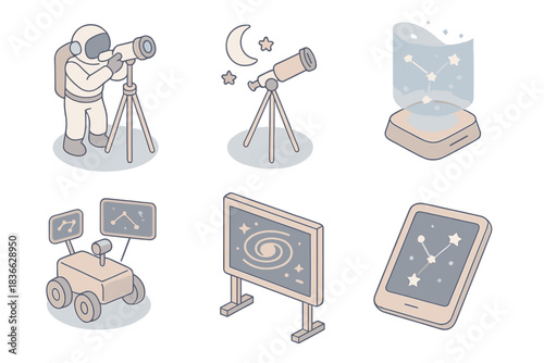 Cosmic Exploration Icons. Isometric vector illustration set of cosmic exploration: astronaut with telescope, lunar tripod setup,