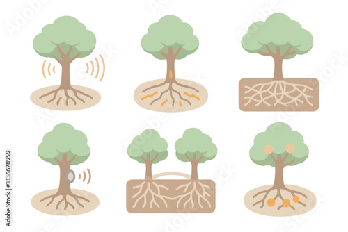 Fungal Communication Systems. Isometric vector illustration set of fungal communication systems: warning signal transmission