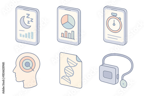 Personal Optimization Apps. Isometric vector illustration set of personal optimization apps: sleep rhythm monitor, nutrient intake