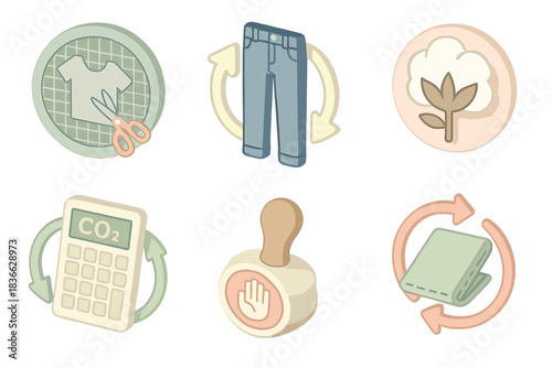 Sustainable Fashion Icons. Isometric vector illustration set of circular fashion elements: zero-waste cutting mat, upcycled jeans