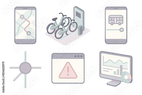 Mobility Management Icons. Isometric vector illustration set of mobility management system: route planner screen, e-bike sharing