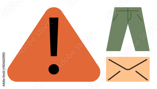 Red alert triangle with exclamation mark, green pants, and a closed envelope. Ideal for caution, clothing, correspondence, safety, warnings messaging minimalism. Simple flat metaphor