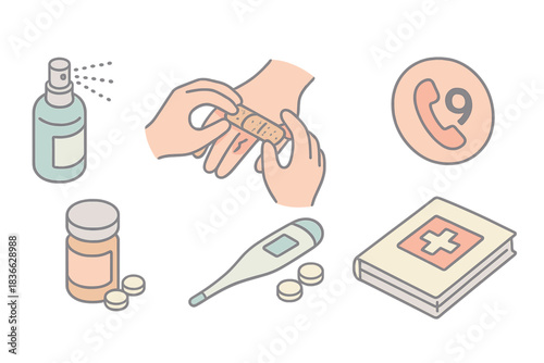 Medical Essentials Icons. Isometric vector illustration set of basic medical response items: disinfectant spray for wound cleaning