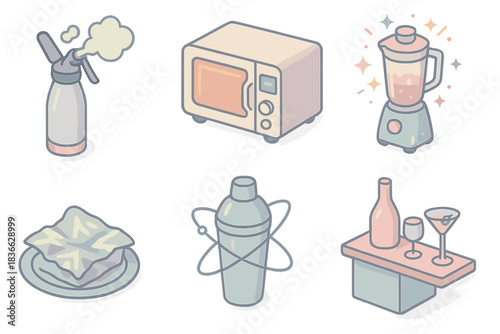 Playful Cooking Gadgets. Isometric vector illustration set of playful cooking devices: gastronomy lab tool for foams, retro
