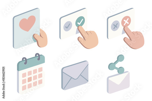 Social Invitation Icons. Isometric vector illustration set of social invitation elements: save-the-date card icon, confirm RSVP