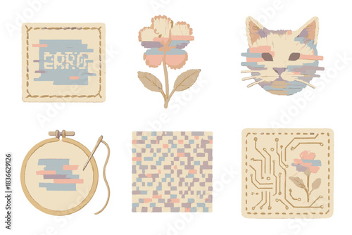 Handcrafted Data Distortion. Isometric vector illustration set of handcrafted data distortion: stitched error screen pattern,