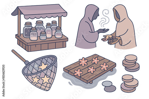 Mystical Trade Icons. Isometric vector illustration set of mystical trade motifs: stall filled with jars of twilight light, barter