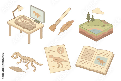 Prehistoric Research Illustrations. Isometric vector illustration set of prehistoric research visuals: fossil reconstruction