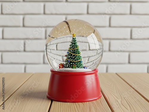 A festive snow globe. Inside sits a decorated Christmas tree, with the globe placed on a red base, atop a wood-grain surface