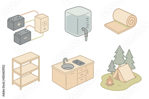Off-Grid Vehicle Setup. Isometric vector illustration set of off-grid vehicle setup: battery system schematic, water reservoir