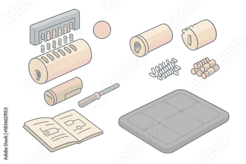 Lock Teardown Isometric. Isometric vector illustration set of training lock teardown: exploded practice lock parts, detachable