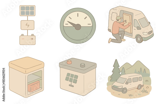 DIY Van Life Illustration. Isometric vector illustration set of DIY van life design: energy flow diagram, tank level gauge,