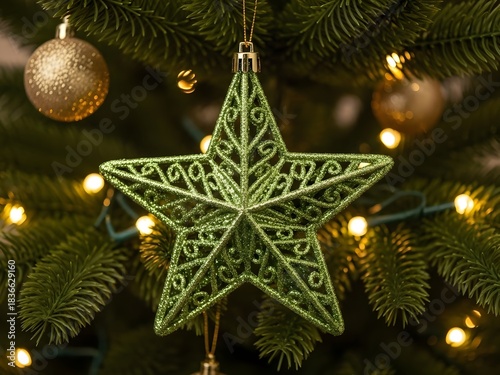 Close-up shot of a green star ornament hanging on a decorated Christmas tree. The star is glittery with an intricate filigree design