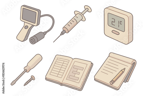 Heritage Care Tools. Isometric vector illustration set of heritage painting care: high-resolution inspection camera, pigment