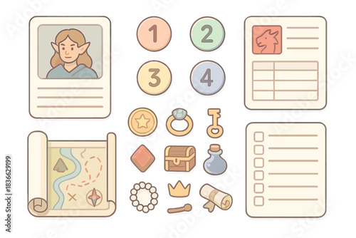 Tabletop Adventure Essentials. Isometric vector illustration set of tabletop adventure assets: NPC biography card, initiative