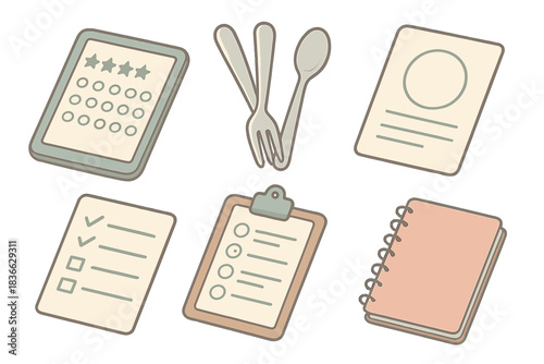 Food Review Tools. Isometric vector illustration set of professional food review tools: score sheet tablet, tasting spoon and fork