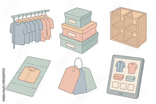 Wardrobe Organization Essentials. Isometric vector illustration set of wardrobe transformation process: hanging rods, labeled
