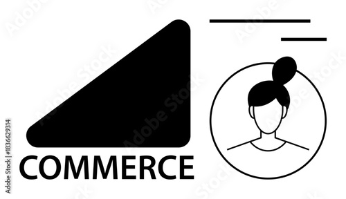 Online shopping, digital marketplaces, e-commerce branding, user interaction, digital identity, personalization. Minimalist graphic of commerce symbol and user profile icon. E-commerce and online