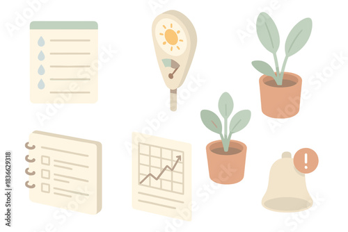 Botanical Care Tools. Isometric vector illustration set of botanical care tools: plant watering chart, sunlight requirement meter,