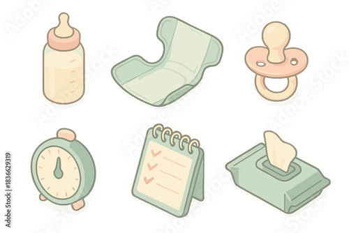 Infant Care Toolkit. Isometric vector illustration set of infant care toolkit: milk bottle, diaper change pad, pacifier, feeding