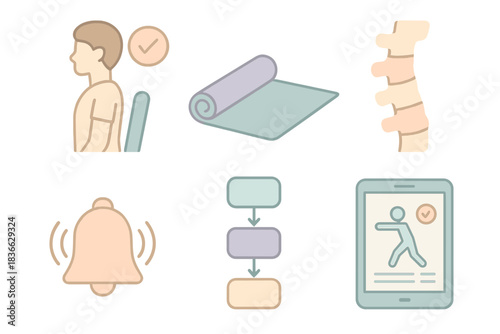 Wellness Routine Icons. Isometric vector illustration set of wellness routine tracker: posture check icon, stretch mat