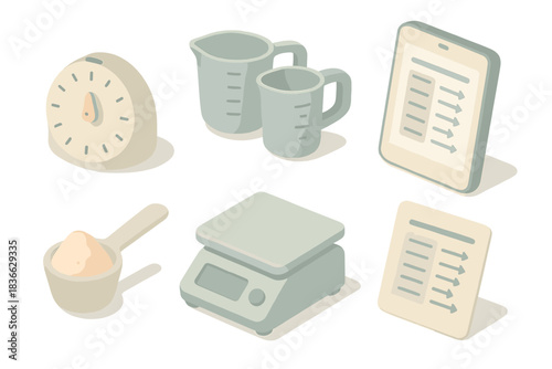Kitchen Helper Icons. Isometric vector illustration set of kitchen helper icons: countdown timer, measuring cups, conversion