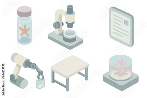 Ocean Biology Tools. Isometric vector illustration set of deep ocean biology tools: specimen vial with organism, underwater