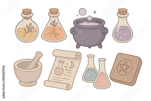 Alchemist's Enchanted Inventory. Isometric vector illustration set of alchemist inventory: potion ingredient bottles, grinding