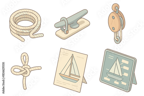 Sailing Preparation Essentials. Isometric vector illustration set of traditional sailing preparation: coiled rope, cleat and