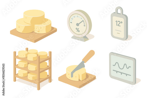 Cheese Cave Management. Isometric vector illustration set of cheese cave management: cheese wheels on boards, hygrometer reading,