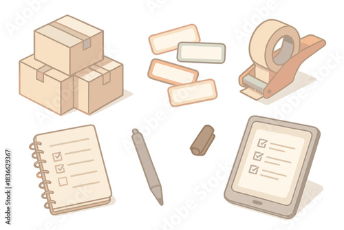 Packing Toolkit Essentials. Isometric vector illustration set of home packing toolkit: cardboard boxes, labeling stickers, tape