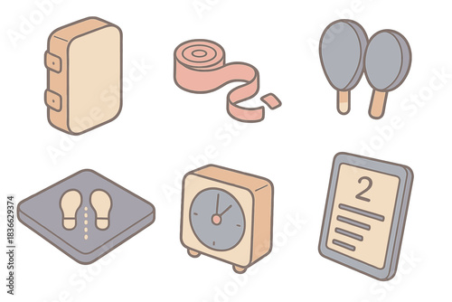 Muay Thai Essentials. Isometric vector illustration set of Muay Thai skill development: kick pad, hand wraps, focus mitts, stance