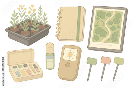 Ecological Garden Planning Tools. Isometric vector illustration set of ecological garden planning: plant tray with native species,