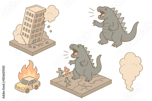 Miniature Monster Attack. Isometric vector illustration set Miniature giant monster city attack diorama: collapsing building model