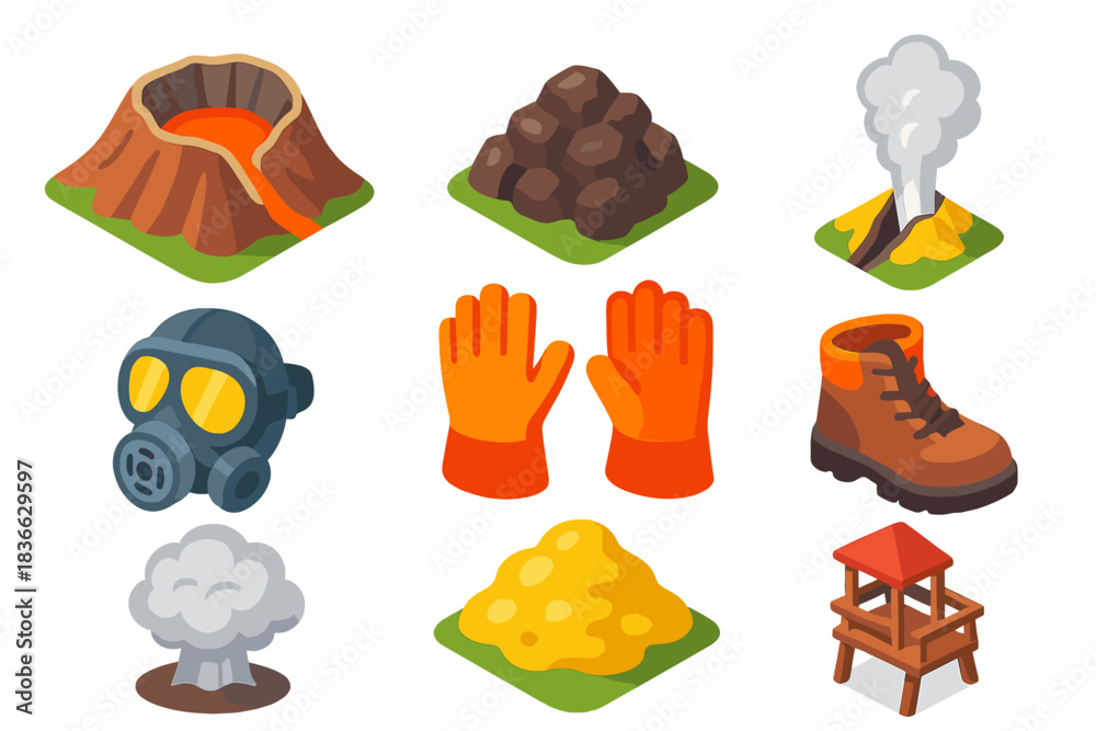 Fototapeta premium Hiking Trail Icons. Isometric vector illustration set Hiking trails – crater rim, lava rock, fumarole vent; gas mask,