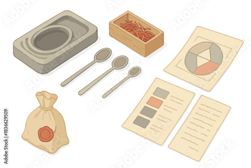Medieval Pigment Tools. Isometric vector illustration set Medieval manuscript pigment recreation: inkstone with residue channels,