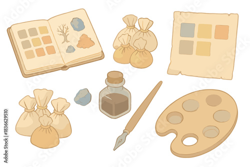 Medieval Painting Supplies. Isometric vector illustration set Medieval manuscript pigment recreation: field notebook with color