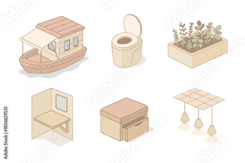 Custom Tiny House Boat. Isometric vector illustration set Tiny house boat customization: adjustable awning for sunshade, compact