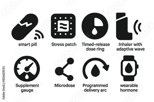 Hormetic Dose Icons. Solid style icons of hormetic dose delivery systems: smart pill icon, stress patch glyph, timed-release dose
