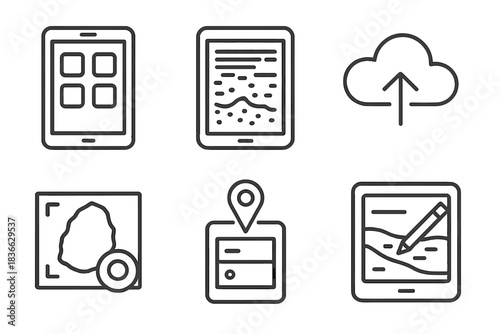 Student Digital Tool Icons. Line style icons of digital tools for students: field tablet with app, digital trench log, cloud