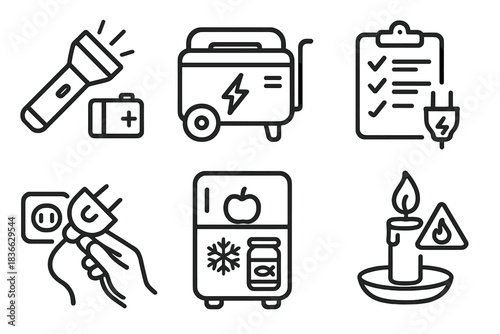 Power Outage Icons. Line style icons of power outage preparedness: flashlight and battery icon, backup generator symbol, power
