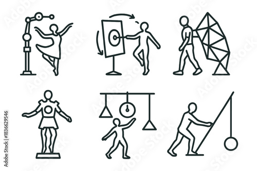 Kinetic Sculpture Icons. Line style icons of performance-based kinetic sculpture: dancer-interactive armature, choreographed spin
